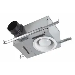 Ceiling-mount bathroom exhaust fan with integrated LED light, rated 120V AC. Provides 80 cfm maximum airflow at 2 sones sound level with 2 fan speeds. Accepts R30, BR30, PAR30L, or PAR30LN primary light types. Includes adjustable mounting brackets and round duct connection. Suitable for residential bathrooms requiring ventilation and illumination.