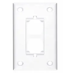 General-purpose wall plate for covering duplex electrical outlets. Constructed from polycarbonate/nylon in a white finish. Suitable for use in residential, commercial, and industrial settings to conceal wiring and provide a finished appearance.