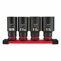 This SAE impact socket set includes six-point sockets with a 1/2 in drive. Sizes range from 15/16 in to 1 1/4 in, including 1 1/16 in, 1 1/8 in, and 1 1/4 in. The friction retention design secures sockets on impact wrenches. Suitable for heavy-duty fastening and loosening tasks in industrial, automotive, and construction applications.