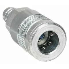 Steel quick-connect air coupling body with 3/8 in body size and 3/8 in male hose fitting. Sleeve locking type for secure connection in pneumatic systems. Suitable for industrial interchange applications requiring efficient air transfer.