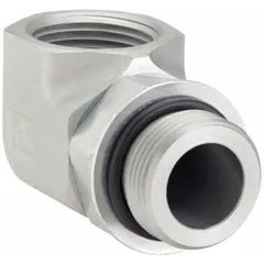 This steel pipe elbow features a 1-inch male threaded end and a 1-inch female NPT threaded end, rated for a maximum operating pressure of 1,800 psi. It is used to change the direction of flow in high-pressure fluid systems, such as hydraulic and pneumatic lines.