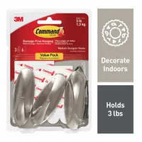 COMMAND Hook: 3 lb Wt Capacity, 1 Points per Hook, Gray, 3 5/32 in Overall Ht, 3 PK (MPN 17081BN-3ES)