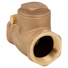This bronze inline swing check valve features a 3/8 in pipe size with female NPT connections on both ends. It is designed to prevent backflow in piping systems, allowing flow in one direction only. Suitable for use in water, oil, gas, and steam lines where corrosion resistance and compact size are required.