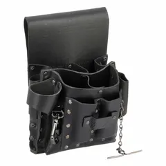Black leather tool pouch with eight pockets and open-top closure. Attaches via belt slot to belts up to 3 inches wide. Designed for carrying and organizing wire wrapping tools in field service and installation applications.