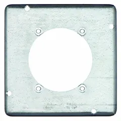 This galvanized steel cover is designed for square electrical boxes, featuring an open design for access to wiring connections. With a 1/2-inch overall depth, it is suitable for use in surface-mounted conduit systems where a junction box cover is required.