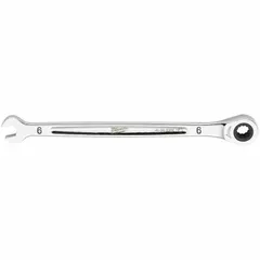 This metric 12-point ratcheting combination wrench has a 6 mm head size and a 5-inch overall length. The chrome finish provides corrosion resistance, and the 15° offset angle improves access to recessed fasteners. It is used for tightening or loosening fasteners in mechanical and maintenance tasks.