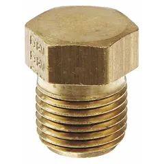 Brass hydraulic hose plug with 1/8"-27 NPTF threads, rated for 1,200 psi maximum working pressure at 70°F. Used to cap hose ends or close ports in fluid power systems, providing a secure seal to prevent leakage and contamination.