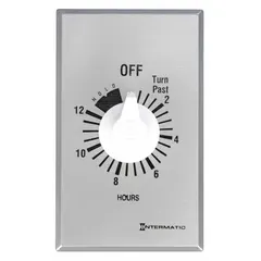 Spring-wound mechanical timer with a 12-hour maximum timing duration. Single-pole single-throw (SPST) switch rated for 120/277V AC. Includes hold feature and silver wall plate. Used for basic time-based control of electrical loads such as lights, fans, or pumps.