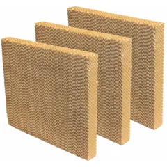 Kraft paper evaporative cooling media for ducted evaporative coolers. Sold as a 3-pack. Used in industrial, commercial, and agricultural spaces to cool air by drawing warm air through water-saturated pads.