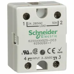 Panel-mounted solid state relay with SCR AC output and Form A switch configuration. DC input current range 5 to 40 mA, output voltage 24 to 280V AC, maximum output current 50 A (12 A without heat sink). Screw clamp electrical connection, finger-safe design. Suitable for switching AC loads in industrial control panels and automation equipment.