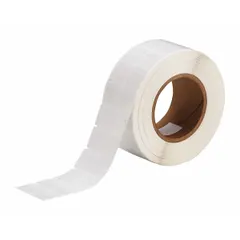 Vinyl, white matte precut label roll cartridge for wire identification. Each label measures 1 in x 1 in and wraps around wires from 16 AWG to 8 AWG. Compatible with i7100 printer series; requires IP-R4302 ribbon. Used for permanent marking and traceability of electrical cables and conductors.