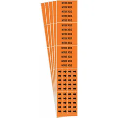 Orange adhesive pipe markers with black legend reading 'Nitric Acid' and flow direction arrows. Each marker fits pipe outside diameters of 3/4 inch and smaller. Pack includes 3 markers, 5 packs per order. Used for identifying pipes carrying nitric acid in industrial facilities to comply with safety labeling standards.
