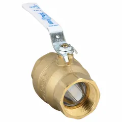 Two-piece brass ball valve with 1-1/2 inch straight body and female NPT threaded ends. Features a locking lever handle for manual on/off flow control. Suitable for water, oil, and gas applications in industrial piping systems.
