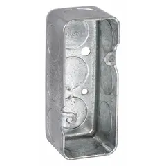This RACO handy electrical box is constructed of steel and is designed for single-gang wiring installations. With a 1-1/2 inch depth and 3-3/4 inch height, it accommodates switches, outlets, or splices in shallow wall cavities or surface-mount applications. The box is supplied without clamps and without a bracket.