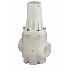 Polypropylene pressure regulator for corrosive and ultra-pure liquids. Features FKM seals and 1-inch NPT female inlet and outlet connections. Used in applications requiring chemical resistance and fluid purity.