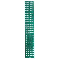 Green adhesive pipe marker with white 'Potable Water' legend, designed for pipes with outside diameter of 3/4 in and smaller. Each set includes 3 markers without arrows. Used to identify potable water lines in piping systems for clear visual indication.