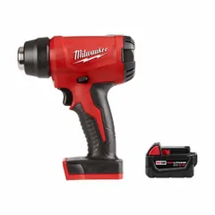 This cordless heat gun operates on 18V DC and includes a 5.0 Ah battery. It delivers a temperature range of 0°F to 875°F with a maximum air flow of 6 cfm. Suitable for shrink tubing, heat-shrink connectors, bending plastic, and thawing frozen pipes in electrical, plumbing, and automotive applications.