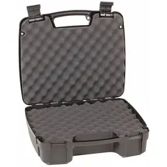 This suitcase-style case from PLANO MOLDING features a black exterior and convoluted foam interior for cushioning contents. It has recessed closures and weighs 4 lb. Typical applications include transporting and protecting sensitive equipment, tools, or valuables in industrial, field-service, or hobbyist settings.