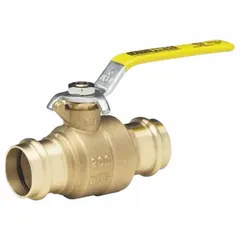 This manual two-way ball valve features a full-port brass body with press x press connections and a locking lever handle. It is used for on-off or flow diversion in commercial plumbing, HVAC, and process piping systems. The straight body design minimizes pressure drop.