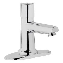 This single-post push-button metering bathroom faucet is constructed from cast brass and includes mounting hardware. It has a flow rate of 0.5 gpm. Typical applications include commercial restrooms where timed water flow helps reduce consumption.
