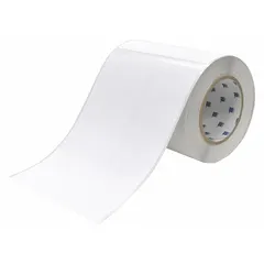 Acrylic label roll with permanent adhesive and inkjet print-receptive surface. Contains 120 precut labels measuring 8 19/64 in x 6 3/32 in. Compatible with BradyJET J5000 printer series. Used for industrial identification and marking on equipment, panels, and assets.
