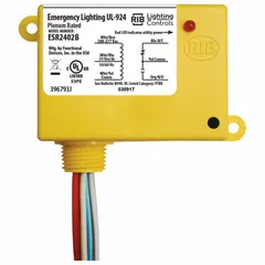 Emergency lighting bypass/shunt relay with 20 A rating and SPDT configuration. Enclosed pre-wired design with 0.50 in NPT nipple for conduit connection. Used to override normal lighting controls during power failure, ensuring emergency lights remain on for safety compliance.