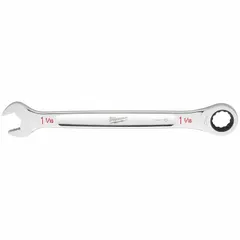 This SAE 12-point ratcheting combination wrench has a 1-1/16 in head size and 14-3/8 in overall length. It is made of steel with a chrome finish and is standard length. The ratcheting box end allows fastener tightening or loosening without repositioning the tool, suitable for maintenance and assembly tasks.