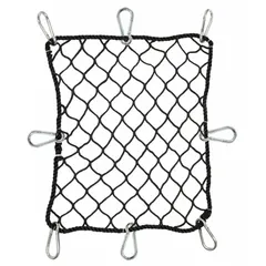 Perimeter netting for debris protection, meeting OSHA 1926.105 standards. Black net with 2 3/4 in mesh size, 15 ft length. Used on construction sites to catch falling materials and protect workers below.