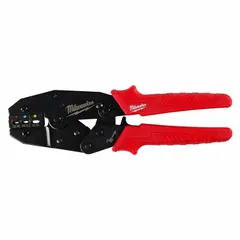 Controlled-cycle crimper for non-insulated wire terminals and connectors. Features a deluxe cushion grip and metal construction. Overall length 8 1/2 in. Used in electrical and industrial applications for secure crimp connections.
