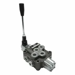 This manual spool monoblock valve features a four-way, three-position design with a Motor Center configuration. It includes a detent mechanism to hold the spool in position. Suitable for controlling hydraulic fluid direction in mobile or industrial equipment.