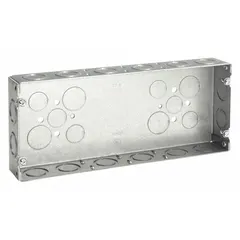 Steel multigang rectangular electrical box for 4-gang installations. Suitable for housing wiring connections, switches, or receptacles in commercial and industrial settings. No clamps or bracket included.