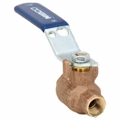 This NIBCO bronze ball valve is a straight two-way valve with 1/4-inch female NPT connections on both ends. It features a lever handle and is rated for a maximum cold working pressure of 600 psi. Commonly used for on/off flow control in plumbing, HVAC, and water systems.