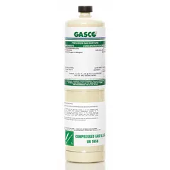 Disposable calibration gas mixture containing 19.8% oxygen in nitrogen background gas, with ±5% accuracy. Fitted with a CGA 600 connection for use with portable gas detectors. Used to verify and adjust oxygen sensor response in industrial safety applications such as confined-space entry and area monitoring.