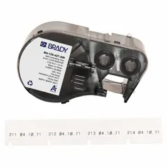 Vinyl, white matte wraparound label for wire diameters 0.16 in to 0.32 in. Compatible with BMP53 printer series, requires R4300 ribbon. Used for permanent wire and cable identification in control panels and electrical installations.