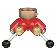 This brass wye valve adapter features a female NH inlet and two 1-1/2 in MNST outlets, enabling connection between NH and NST threads. The wye body style allows splitting a single supply line into two hose lines for fire protection applications such as hydrant and standpipe ball valve systems.
