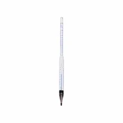 Ballast-type alcoholometer with a combined Alcohol Proof and Tralle scale. Range: 0/100% and 0/200 PRF. Scale divisions: 1.0%. Used for measuring alcohol content in liquids in distilleries, beverage quality control, and chemical processing.