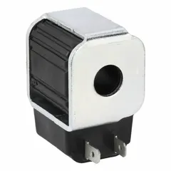 This 12V DC cartridge valve coil from Parker features a Dual Spade electrical connection and a Glass Filled Rynite housing. It is used to actuate hydraulic cartridge valves in fluid power systems, commonly applied in mobile and industrial equipment requiring solenoid operation.