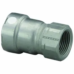 This steel press pipe fitting features a Press-fit connection on one end and a female NPT threaded connection on the other, with an FKM seal for chemical and temperature resistance. It is used to transition between pipe sizes in industrial piping systems for applications such as HVAC, plumbing, and process lines.