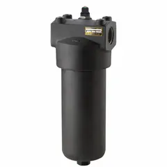 Pressure filter assembly for hydraulic pressure lines. Rated for 110 gpm nominal flow and 7,000 psi maximum pressure. Uses Microglass filter media with 10 micron rating. Port size SAE #20.