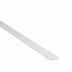 White solid acrylic anti-slip tread strips for indoor wet and humid environments. Each strip measures 3/4 in x 7 1/2 in with a 27 mil thickness. Non-abrasive surface with aggressive adhesive meets OSHA specifications. Suitable for barefoot traffic areas such as showers, locker rooms, and pool decks.