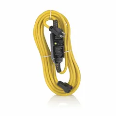 This 25-foot inline GFCI cord from Leviton provides ground-fault protection for power tools and equipment. It features a 14/3 SJTW jacket for flexibility and weather resistance, a NEMA 5-15P plug and 5-15R receptacle, and an auto-reset function that restores power after a fault clears. Rated 15 A at 120V AC.