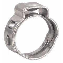 This constant-tension single-ear clamp is made of 304 stainless steel with a tongue-in-groove band type. It has a clamping diameter range of 3/8 in to 7/16 in and a maximum closing force of 1,000 N. Used for securing hoses in fluid and air systems.