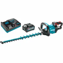 This battery-powered hedge trimmer operates on the 40 V XGT platform, featuring a 24 in blade length and 3/8 in cutting width. It is designed for trimming and shaping hedges, shrubs, and bushes in garden maintenance and landscaping tasks.