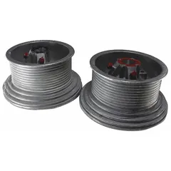 Aluminum cable drum for garage door systems, rated for maximum 500 lb load. Sold as a 2-pack. Used to guide and wind lifting cables on sectional garage doors during opening and closing.