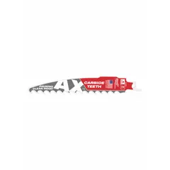 Carbide reciprocating saw blade with 6-inch length and 0.05-inch thickness. Designed for cutting wood and pruning branches, its rigid curved shape enables straight cuts in lumber and demolition debris.