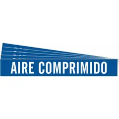 Blue fiberglass carrier-mounted pipe marker with white legend reading 'Aire Comprimido' for compressed air lines. Fits pipe outer diameters from 2-1/2 to 7-7/8 inches. Pack of 5 markers without directional arrows. Used for pipe identification in industrial facilities.