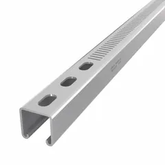 Steel strut channel with pre-galvanized zinc finish, 12 ga gauge, and narrow perforated slots at 8 mm spacing. Used for supporting and securing mechanical, electrical, and plumbing systems in construction. Gray color.