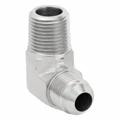 This rigid 90° elbow adapter connects NPT male threads to JIC male threads in hydraulic systems. It is used to route hoses around obstacles in fluid power applications. Fitting size is 1/2 in x 1/2 in with male x male gender and NPT x JIC connection type.
