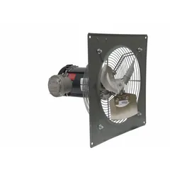 This direct-drive panel exhaust fan is rated for hazardous locations including Class I, Div 1, Groups C and D. It features a 14-inch blade, 1/3 hp motor delivering 2190 cfm, and operates on 230/460V AC three-phase power. The powder-coated steel frame and totally enclosed air-over motor with Class 1 insulation support variable-speed operation. Includes intake guards and is suitable for ventilating areas with flammable gases or combustible dusts.