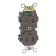 This LEVITON receptacle is a specification grade, duplex, hospital grade device with NEMA 5-15R configuration. It is rated 125V AC and 15 A, 2-pole/3-wire, in a brown finish. Suitable for use in commercial and institutional settings where reliable grounding is required.